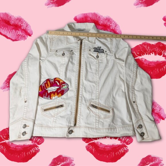 CAbi Bright White Denim Jacket with Sequin Lips Patches, Size XL - Picture 2 of 8